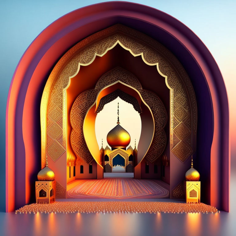 Layered Archway with Islamic Architecture and Mosque Silhouette at Sunset