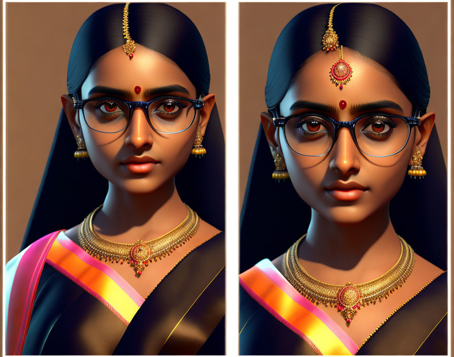 Digital portrait of woman in Indian attire with glasses and gold jewelry, split lighting view