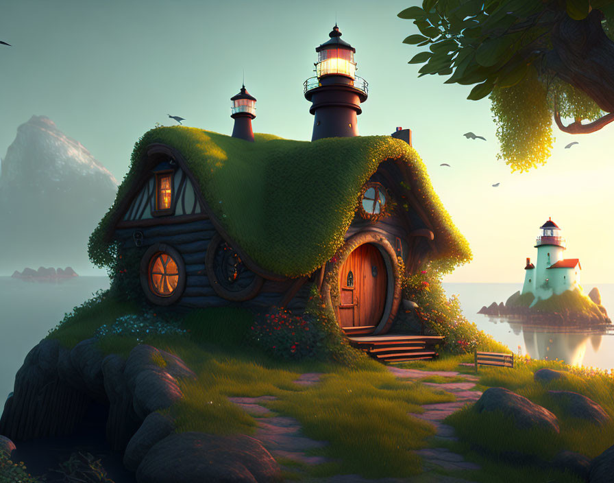 Digital artwork: Cozy hobbit-style house beside lighthouse by serene ocean at dusk