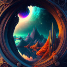 Circular frame containing vibrant fantasy landscape with mountains, forest, and starry sky.