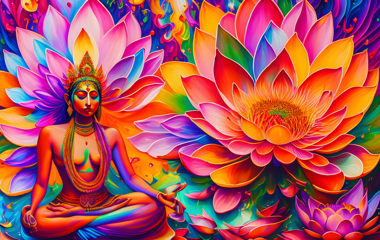 Colorful Meditation Illustration with Lotus Headpiece & Flowers