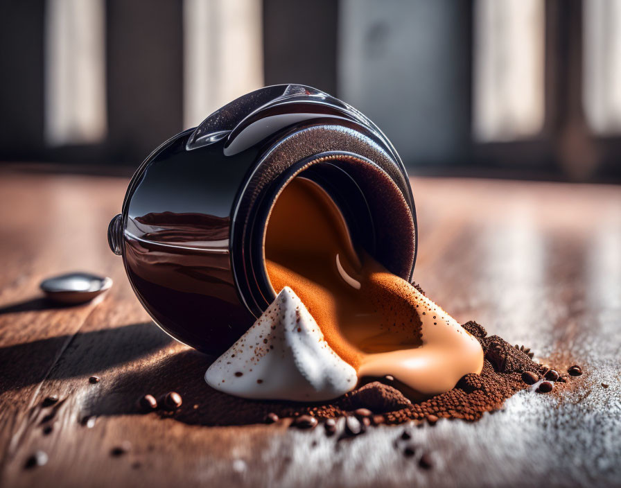 Ceramic cup spilled coffee and beans on wooden surface