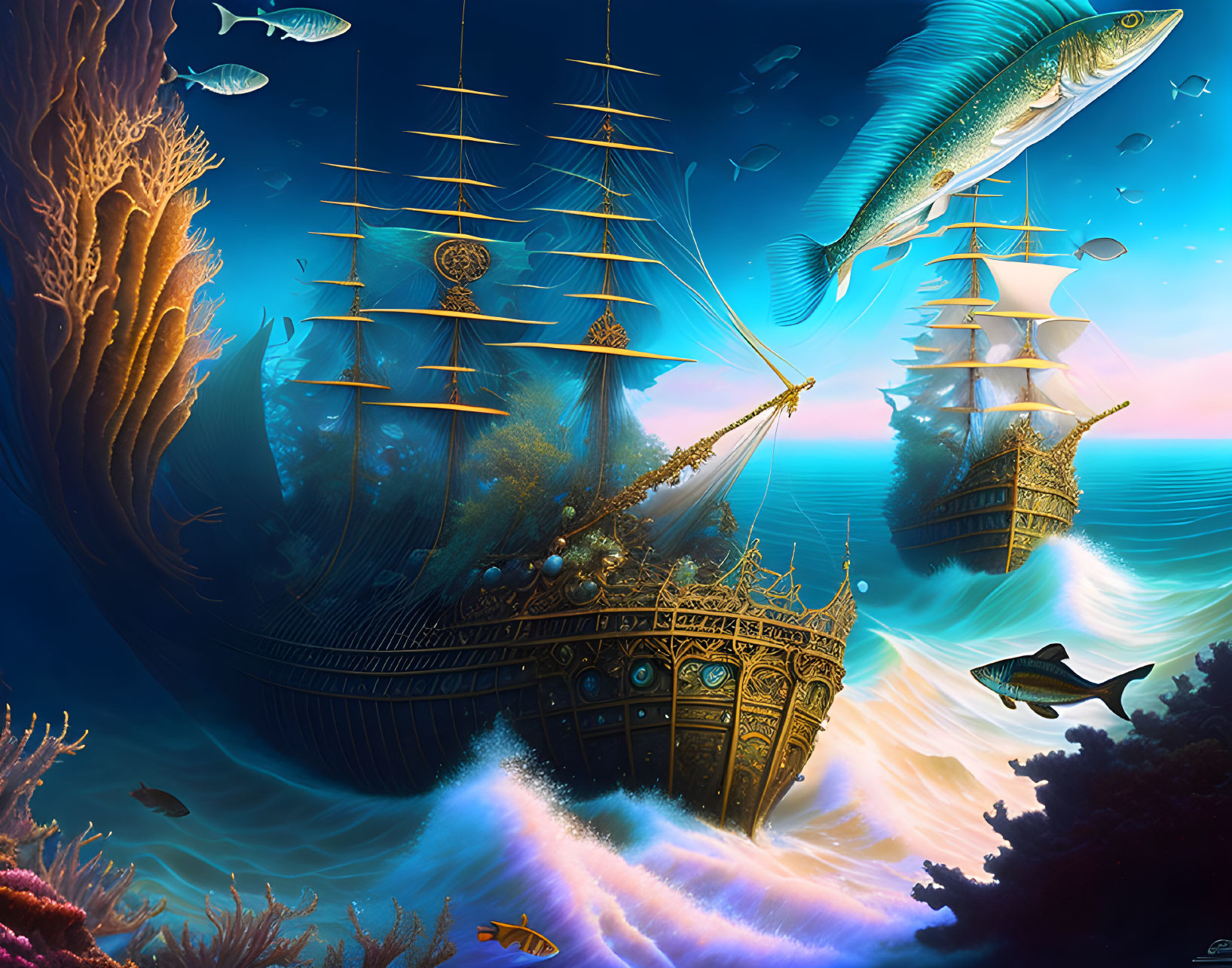 Colorful Coral and Sunken Ships in Fantastical Underwater Scene