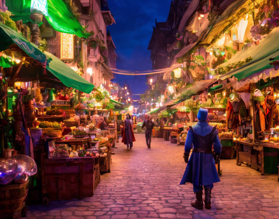 Colorful Lights Illuminate Bustling Evening Market Scene