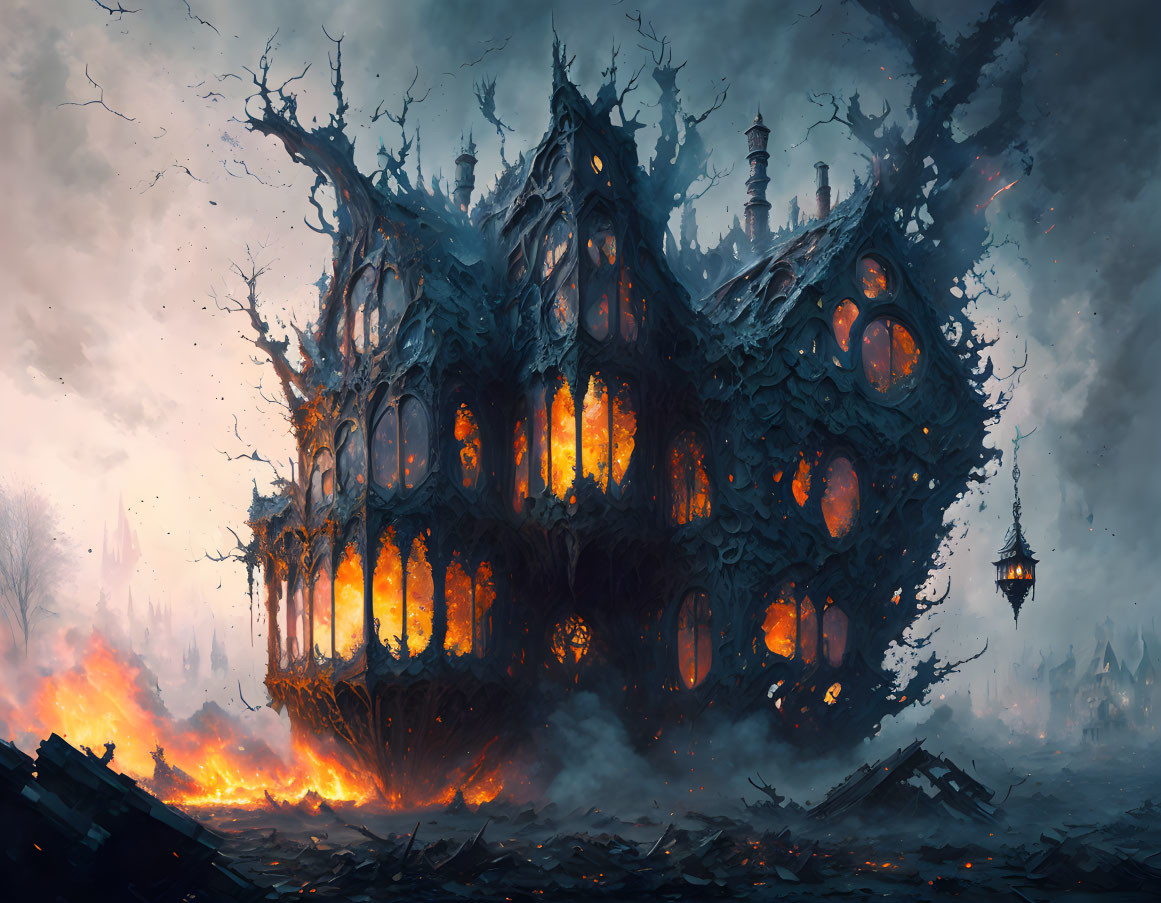 Digital illustration of Victorian manor engulfed in flames at dusk