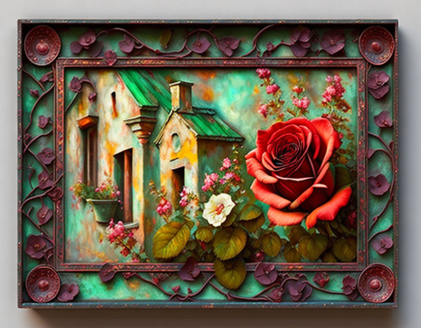 Textured painting of rustic house, vibrant foliage, and red rose in decorative frame