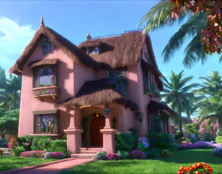 Pink Cottage Surrounded by Tropical Vegetation and Flowers