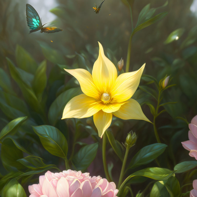 Bright yellow flower with blue butterfly and bee in nature scene