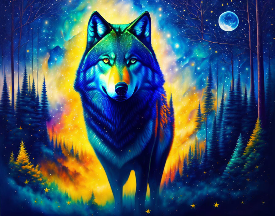 Colorful wolf illustration in fantasy forest with full moon