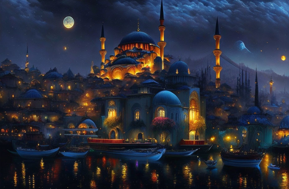 Nighttime fantasy cityscape with illuminated domes, spires, and full moon over calm waters.