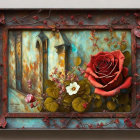 Textured painting of rustic house, vibrant foliage, and red rose in decorative frame