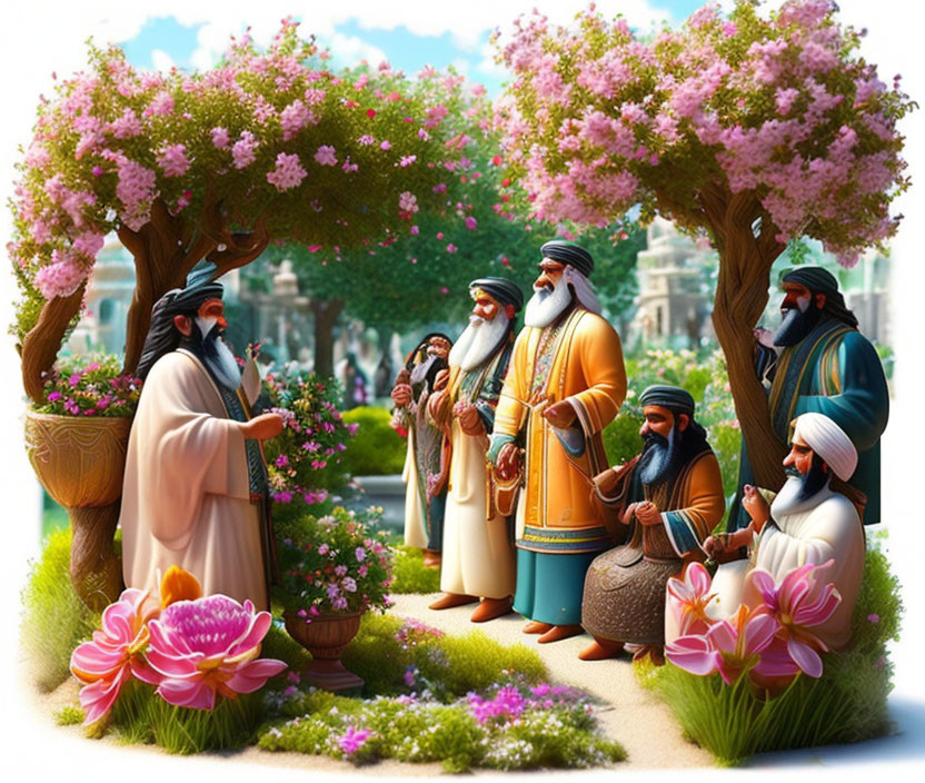 Group of wise figures in traditional robes under blooming tree arch