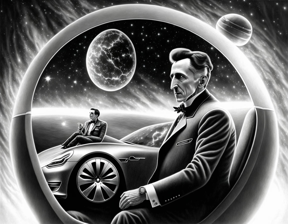 Monochrome illustration of two men in suits in futuristic space car with Earth, moon, and Saturn.