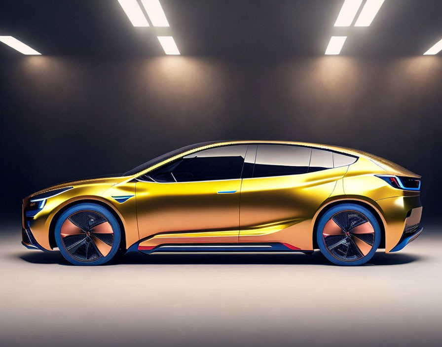 Futuristic golden car with blue accents and large rims showcased under bright lights