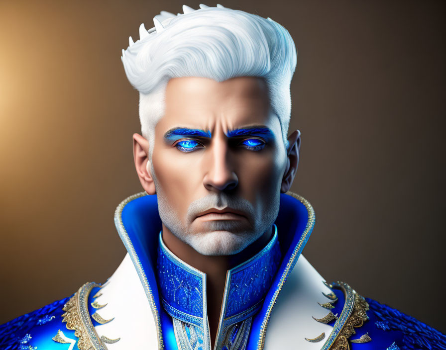 Digital illustration of a man with blue eyes, white hair, and ornate blue-gold jacket