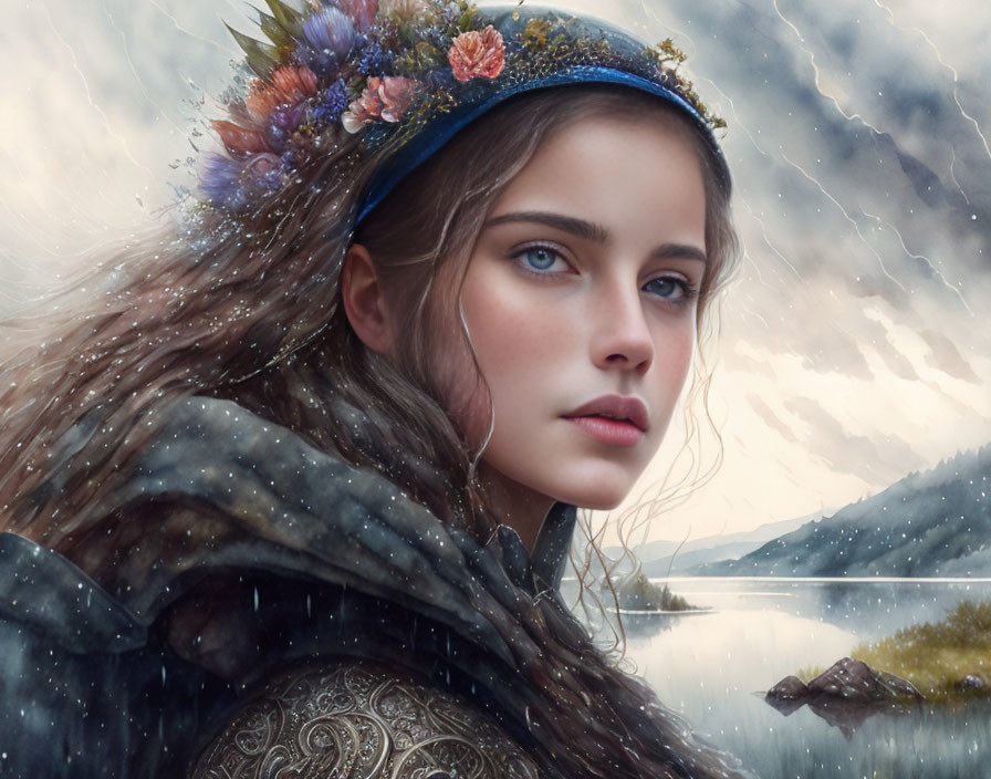 Digital Artwork: Woman with Blue Eyes in Medieval Attire and Floral Crown in Rainy Landscape