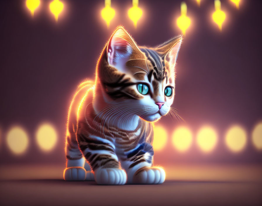 Glowing tabby kitten in 3D against purple bokeh background