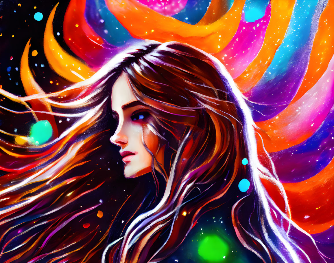 Colorful cosmic illustration of woman with flowing hair