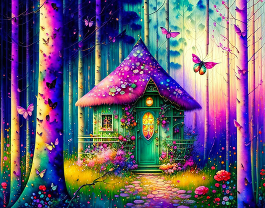 Colorful Fairy-Tale Cottage Illustration in Vibrant Forest