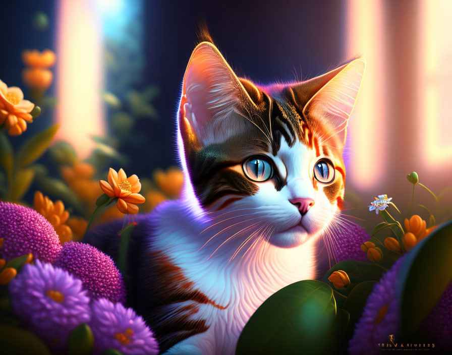 Digital artwork featuring cat with blue eyes among vibrant flowers