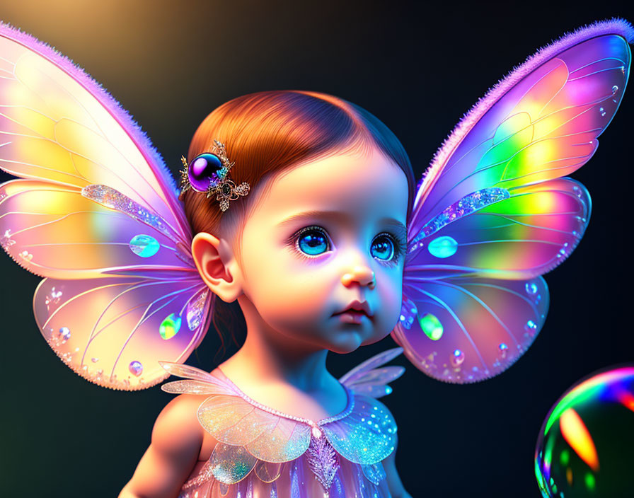 Colorful toddler with butterfly wings in dark background