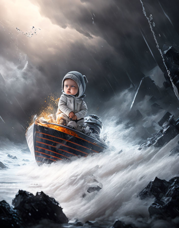 Baby in Hooded Outfit in Small Boat Amid Stormy Seas