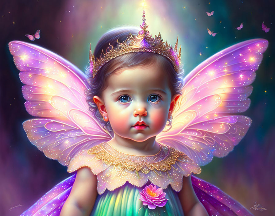 Young child with crown and butterfly wings in magical setting surrounded by butterflies