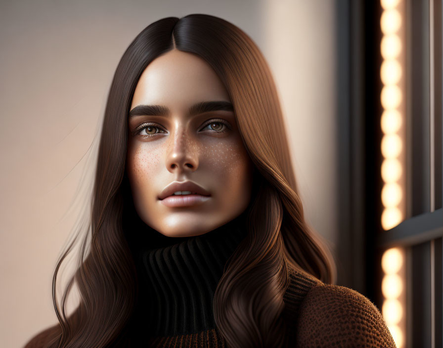 Digital Portrait of Woman with Smooth Hair and Freckles in Black Turtleneck