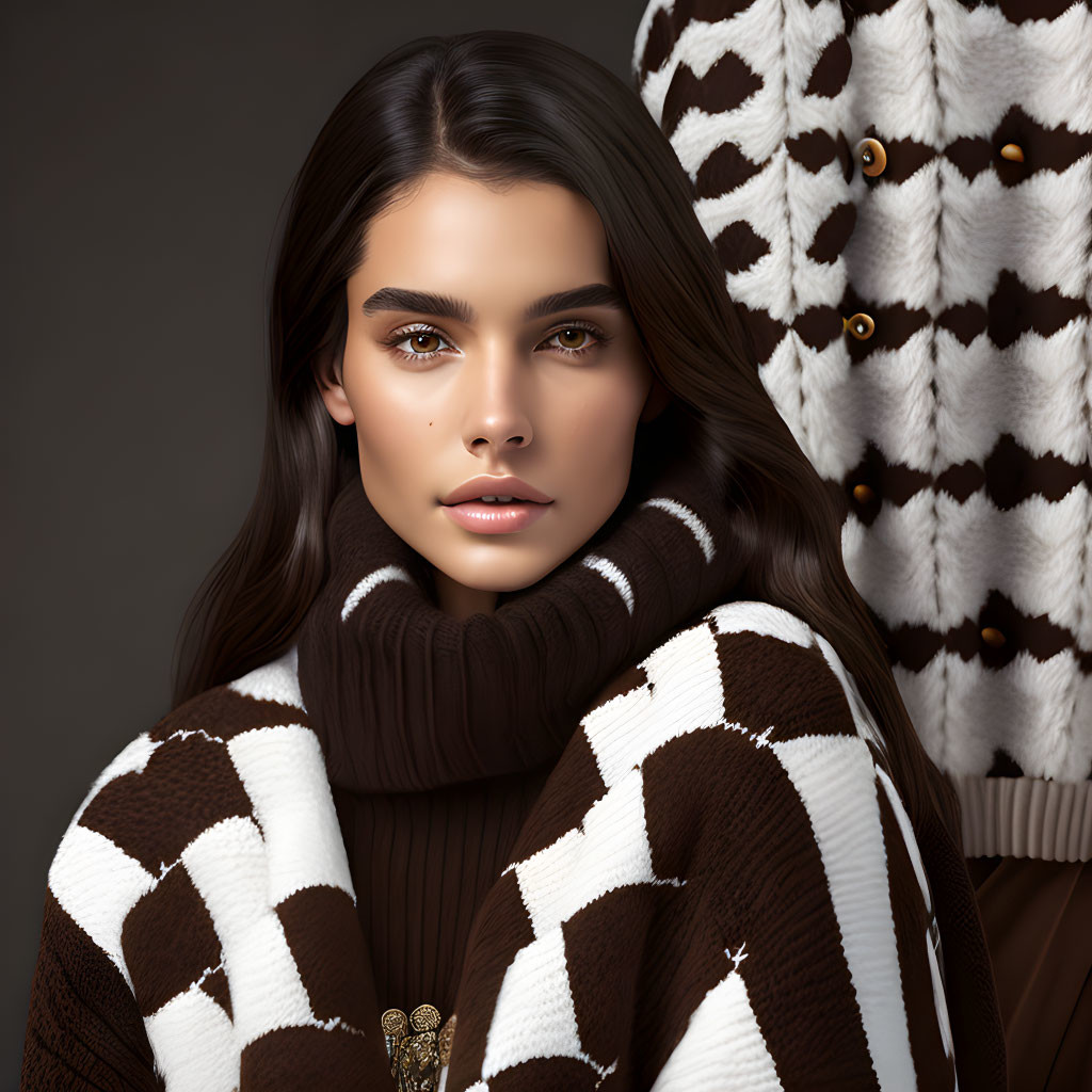 Portrait of Woman with Brown Hair in Patterned Sweater and Striking Eyes