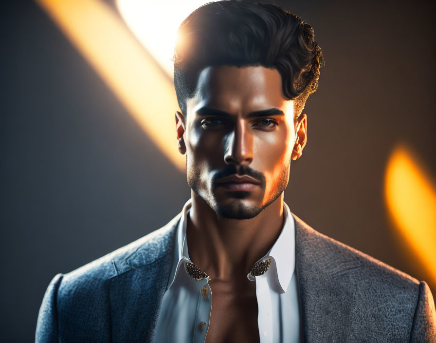 Sculpted man in stylish suit with dramatic lighting