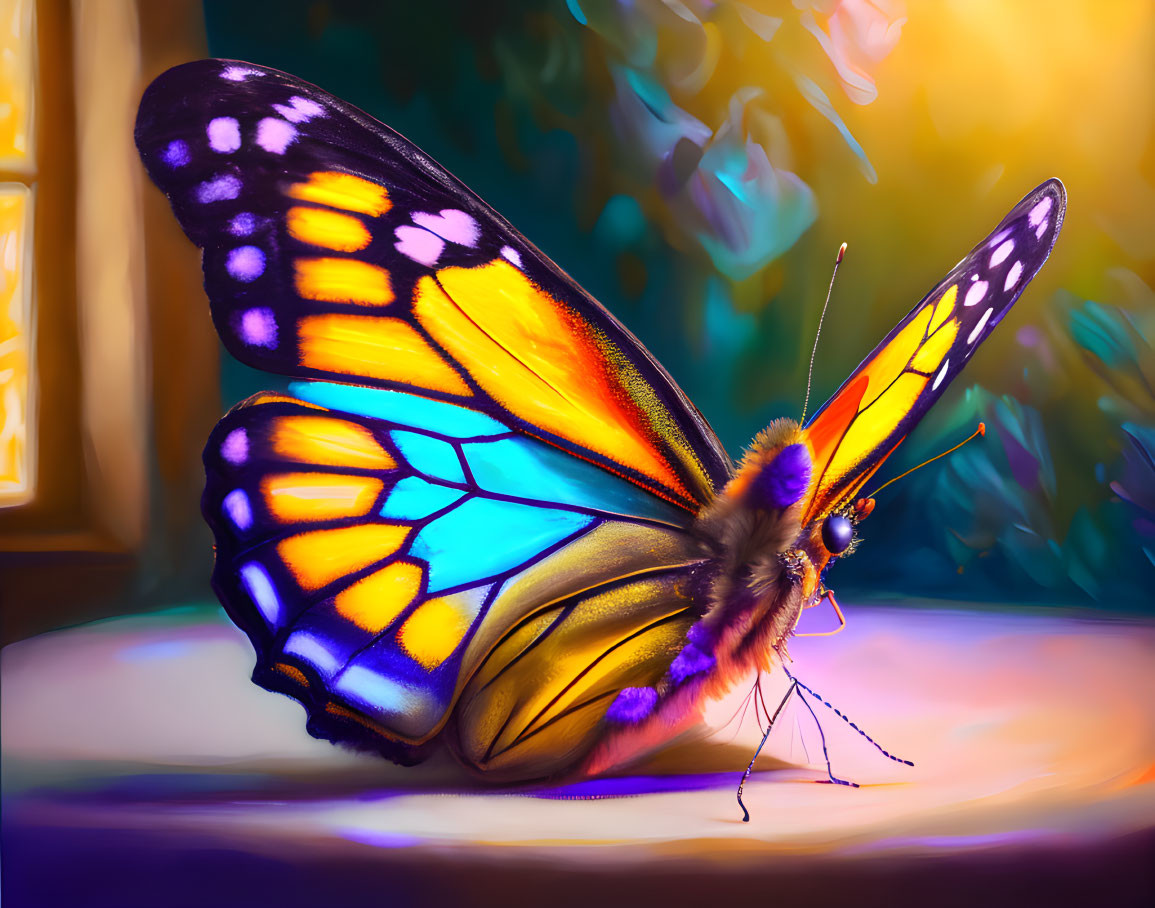 Colorful digital artwork: Monarch butterfly with yellow and blue wings in sunlight