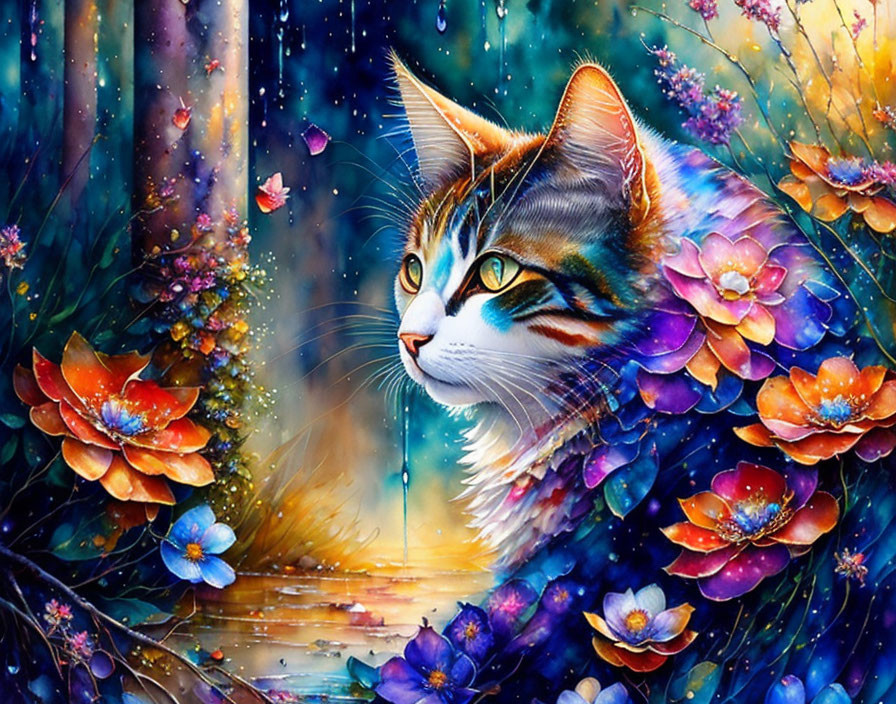 Colorful Cat Illustration with Flower Pattern Coat in Magical Setting