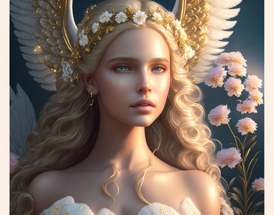 Ethereal figure with golden wings and blue eyes among pink flowers