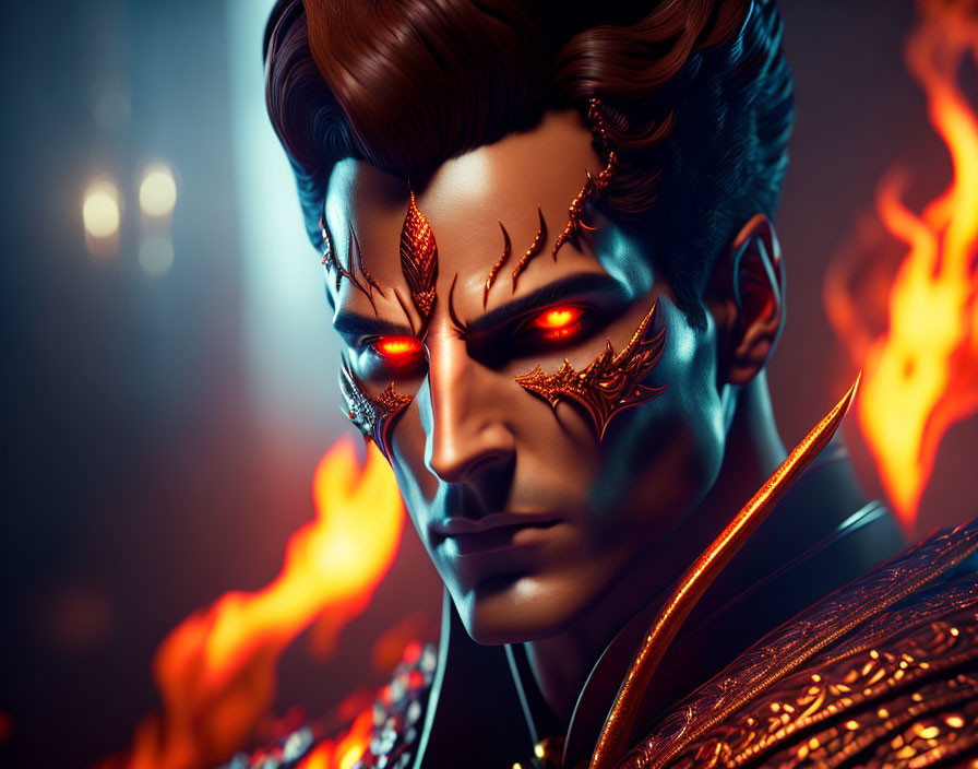 Character portrait with red glowing eyes, gold facial details, and fiery backdrop.