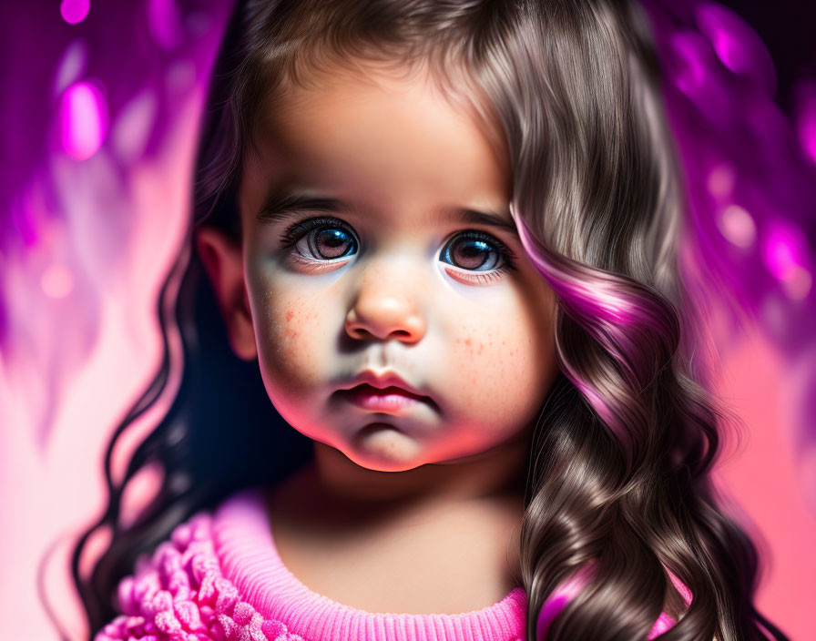 Young child with curly hair and blue eyes in pink outfit under colorful lights