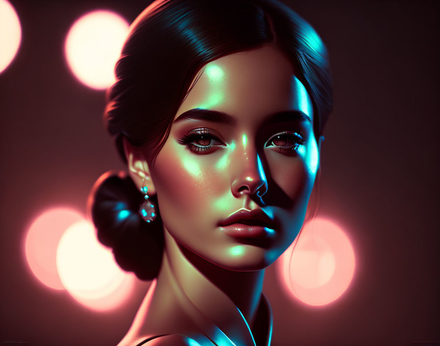 Digital portrait of woman with glowing skin and dark hair in bun