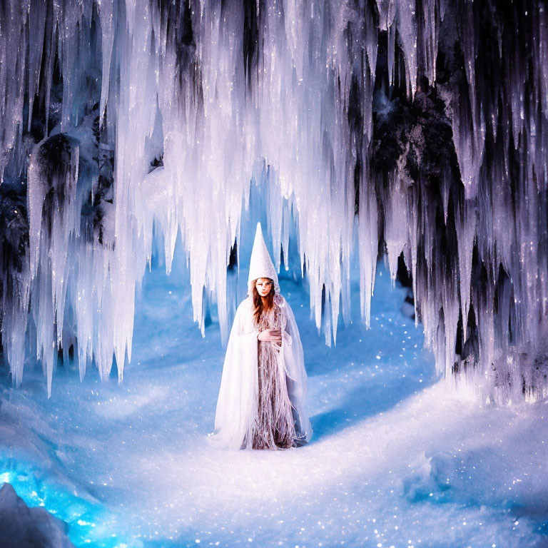 Person in White Costume in Dreamy Icy Landscape with Icicles