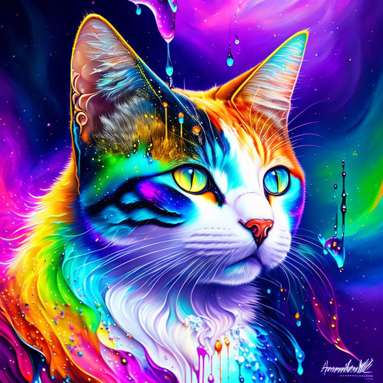 Colorful Galaxy-Themed Cat Artwork with Psychedelic Background