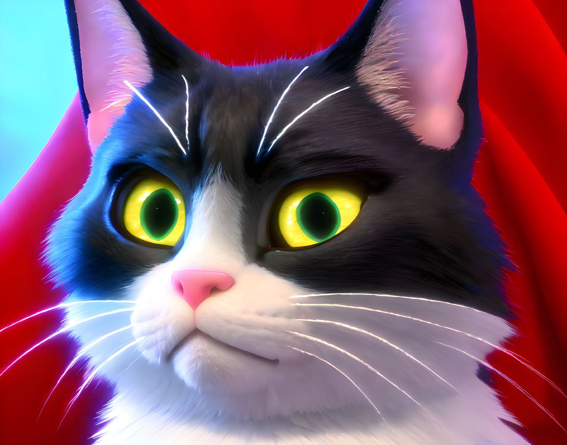 Realistic black and white cat with yellow eyes on red and blue background