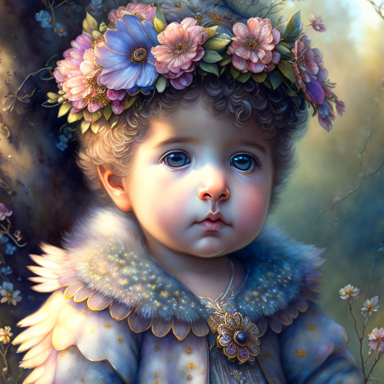 Portrait of Child with Large Eyes and Curly Hair in Floral Wreath and Jeweled Coat