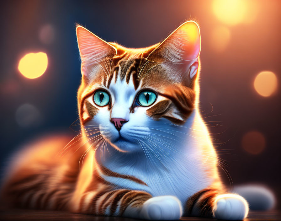 Detailed Striped Cat with Blue Eyes on Blue Background