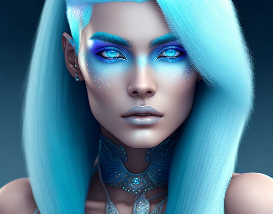 Striking blue hair and intense eyes in digital portrait