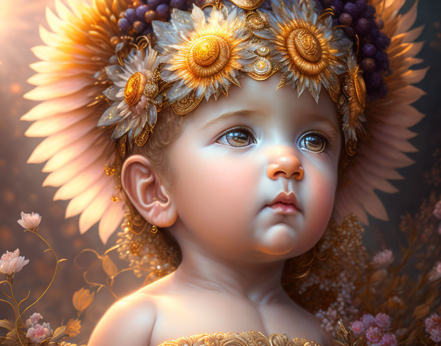 Digital Artwork: Baby with Golden Floral Headdress Among Blossoms