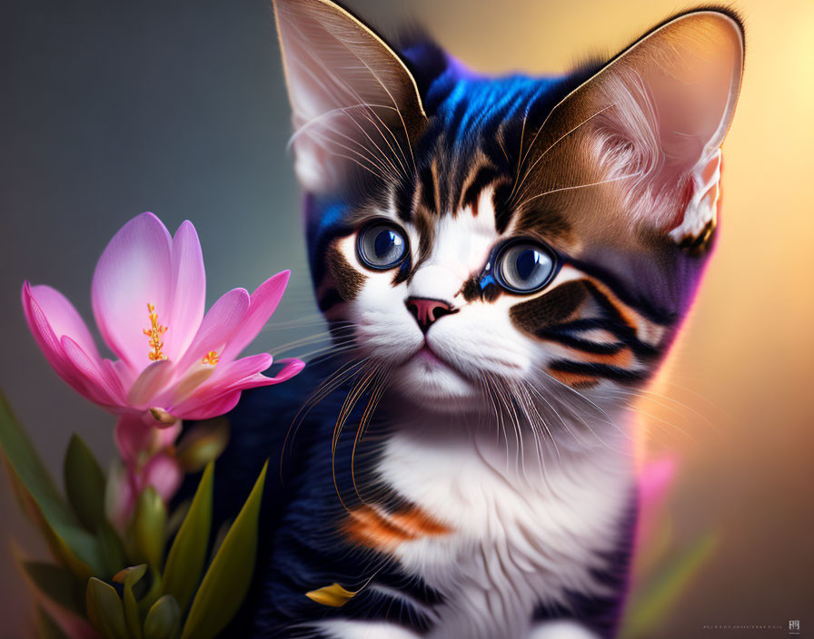 Colorful digital artwork featuring blue-eyed tabby kitten with unique markings beside pink flower.