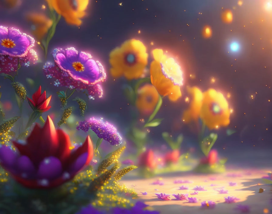 Colorful digital art: Whimsical glowing flowers on soft bokeh background