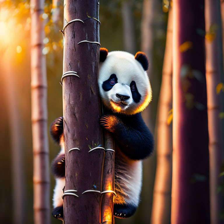 Young panda in bamboo forest under warm sunlight