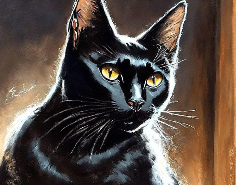 Striking amber-eyed black cat in beam of light