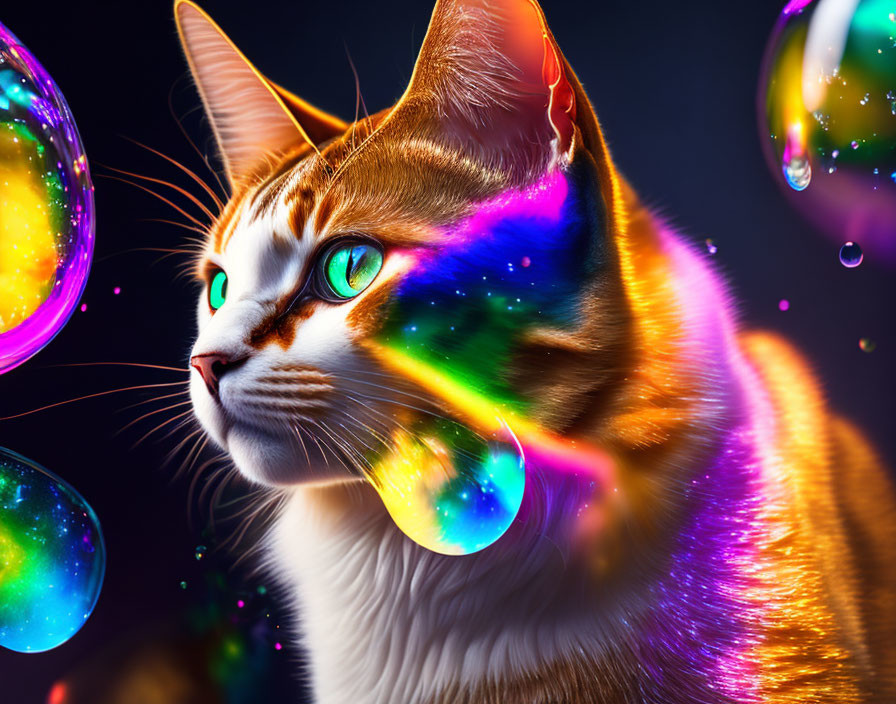 Colorful Cat Portrait with Spectrum of Light and Iridescent Bubbles