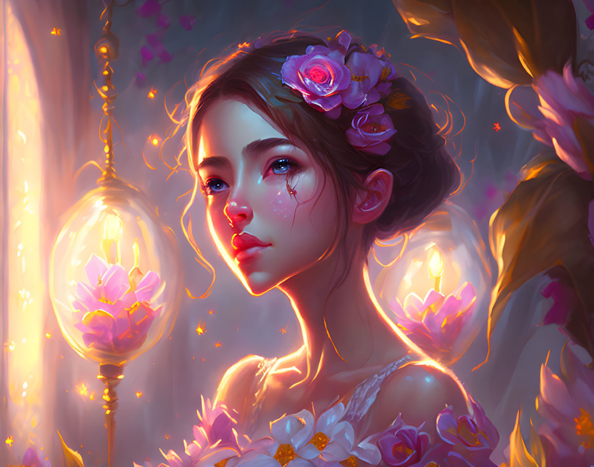 Ethereal illustrated portrait of a girl with flowers and lotus blossoms