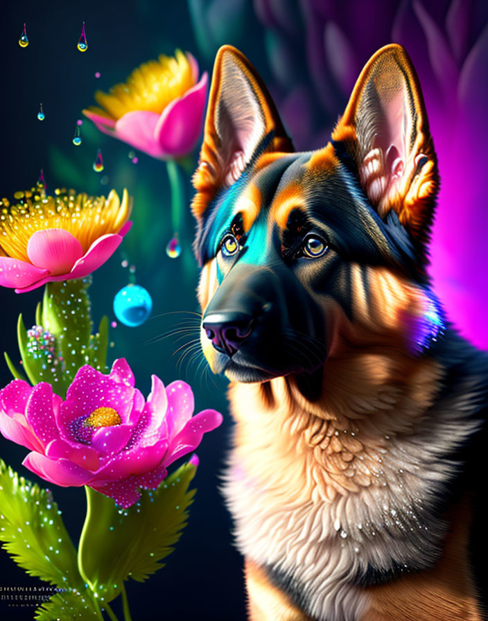 Colorful German Shepherd portrait with dew-covered flowers and suspended water droplets